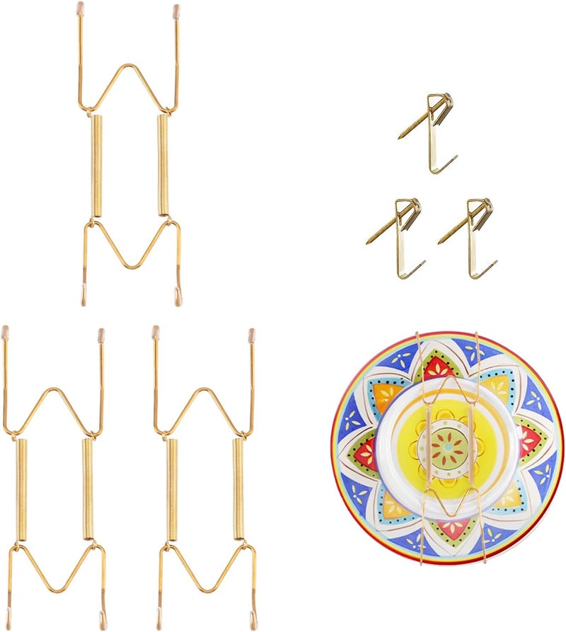 Litray 3 Pieces Plate Hangers for The Wall Suitable for 6-8 Inch Decorative Plate adjustable and stretchable,with Metal Hooks for Wall Displaying Plates Decorative & Arts(Gold) - Image 1